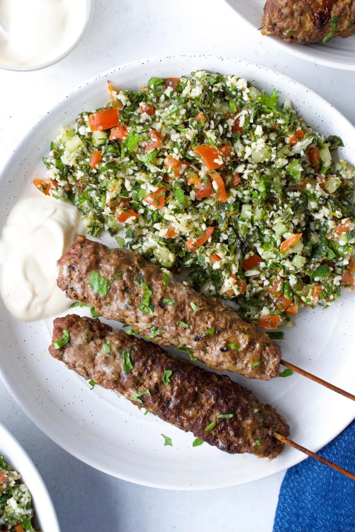 Grass-Fed Beef Kebabs with French Onion Tahini Dip