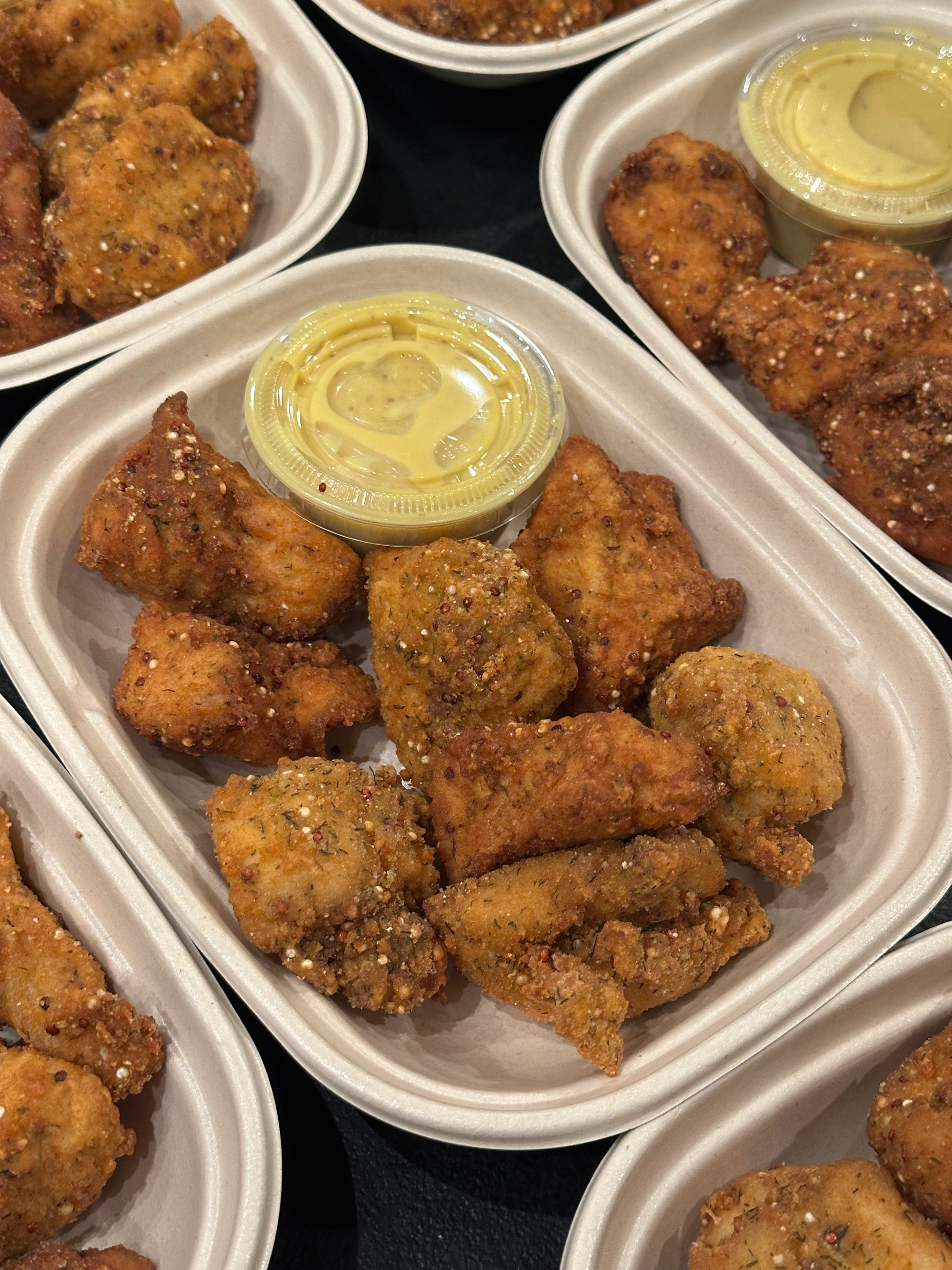 Quinoa Crusted Chicken Nuggets with BBQ Sauce & Ranch