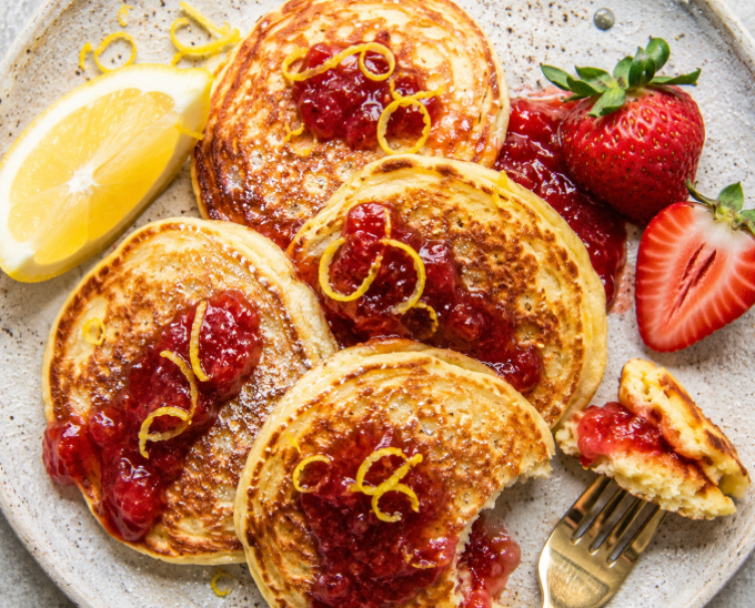 Lemon Cottage Cheese Protein Pancakes w/ Strawberry Jam 